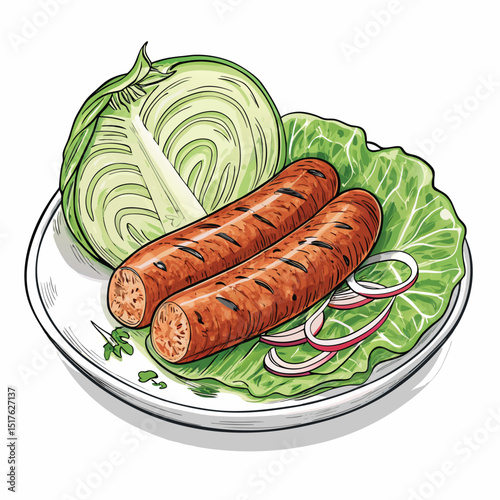 Close-up studio shot of delicious Thai Isaan sausage (Sai Krok Isan) served with fresh cabbage, isolated on a white background.
