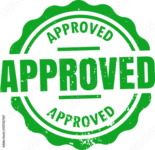 Green Approved Stamp: A vibrant green, circular stamp with a scalloped edge boldly proclaims "APPROVED" in a grunge-style font.