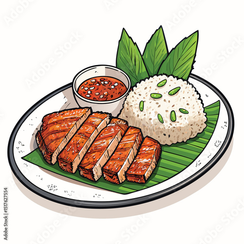 High-resolution close-up of delicious Thai sticky rice with grilled pork, isolated on a pure white background.  Show the texture and glistening of the rice and meat.