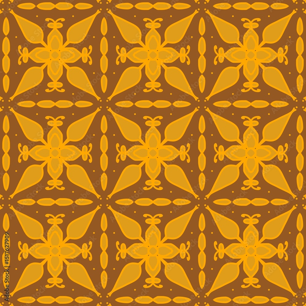 Fototapeta premium Seamless Gold and Brown Floral Pattern Design. Traditional Indonesian Batik Inspired Background.