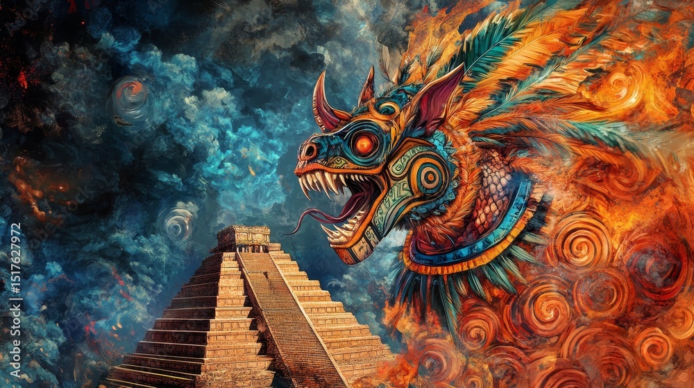 Obraz premium Mythical creature near a pyramid structure split between fire and ice elements.