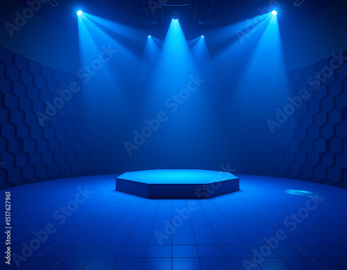 Empty Blue Stage with Bright Spotlights | Performance & Event Background
