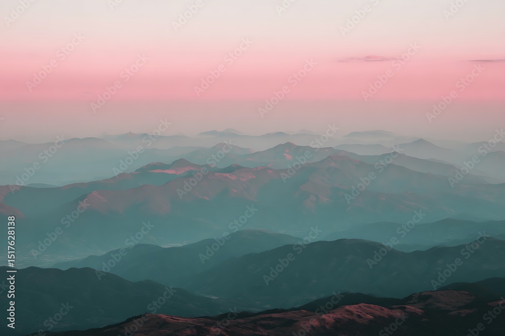 Obraz premium Dreamy pink sky over distant mountains