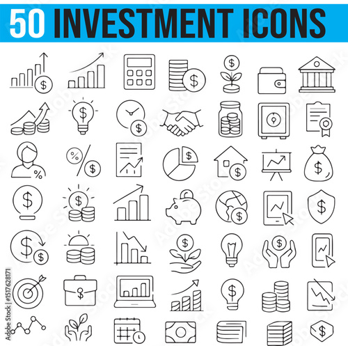 Investment Icons Set, Profit, Risk Management, Portfolio, Inflation, Dividend, Editable Stroke and Pixel Perfect line Vector Illustration.