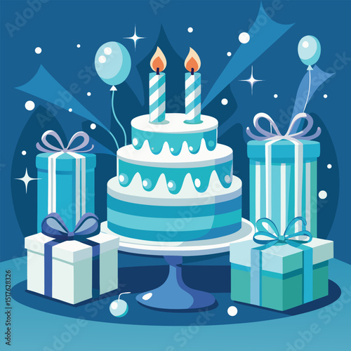 Festive Birthday Celebration with Cake Gifts and Balloons in Blue Tones