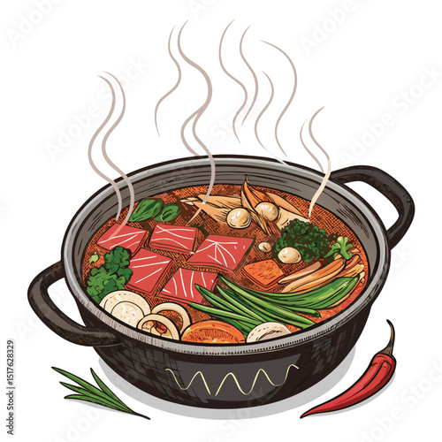 Vibrant Thai-style hot pot brimming with assorted vegetables, succulent meats, and flavorful broth. Isola setting.