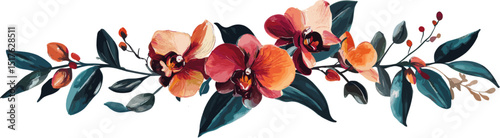 elongated orchid flower decoration with orange, yellow and red petals, green stems and leaves