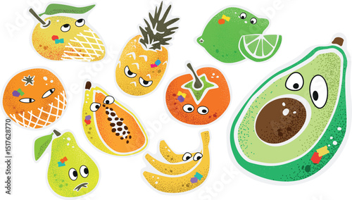 Juicy Fruits Characters Sticker Design Set Isolated On Transparent Background