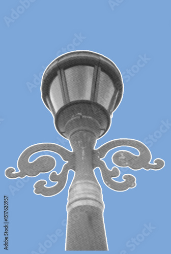close up of vintage lamp post pixelate color halftone dotted texture style collage element on blue background