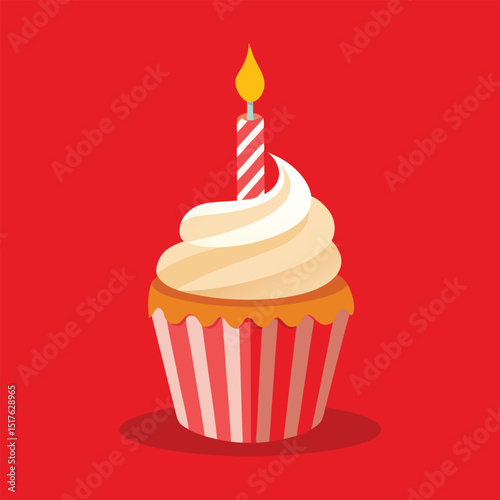 Festive cupcake with striped candle on a bright red background