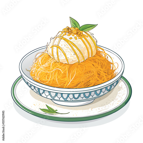 Close-up studio shot of Thai Foi Thong dessert, golden sweet egg yolk floss, isolated on white background, showcasing its texture and delicate strands.