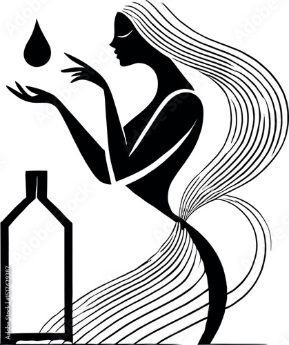 A black-and-white minimalist image featuring a graceful oil drop silhouette. A woman's outline with an oil bottle and a droplet falling onto her palm, symbolizing wellness and aromatic scents.
