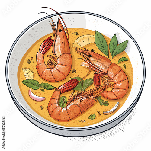 Close-up studio shot of Udang Galah Masak Lemak, a Malaysian spicy prawn dish in rich coconut milk gravy, isolated on a white background.