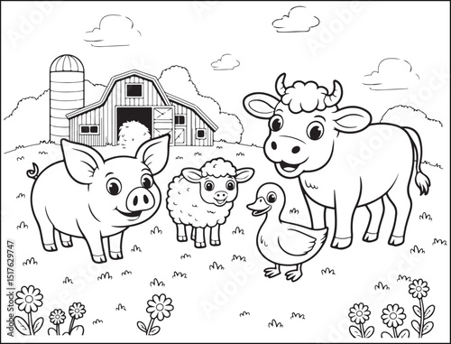 Farm Animals Coloring Page with Pig Sheep Duck Cow Barn and Flowers