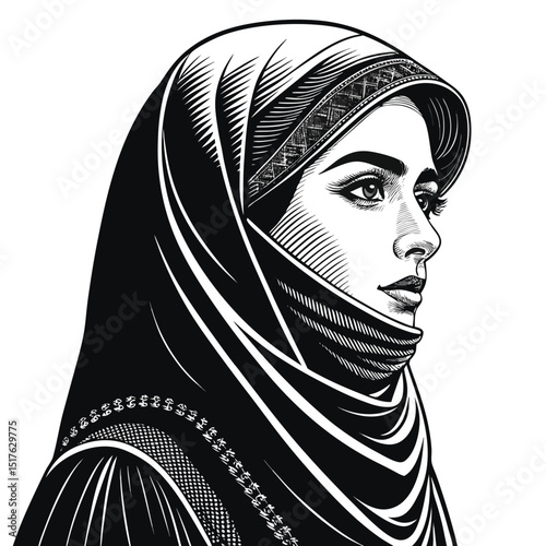 A veiled Arabian woman, isolated on a white background, showcasing traditional attire and cultural elegance.