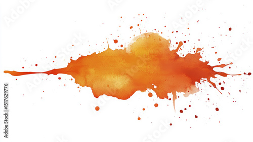 Vibrant orange watercolor spreads dramatically with small drops over a clean white transparent background