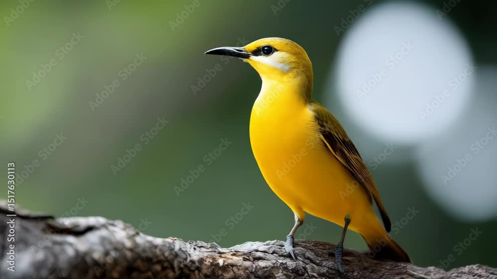 Vibrant yellow bird with gray wings perched on a weathered branch in a lush, green environment during daytime.