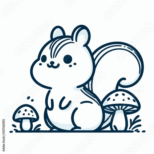 Cute chipmunk sitting next to mushrooms in a whimsical style  