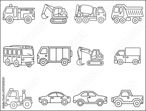 Outlined Cartoon Vehicles Including Cars Trucks and Construction Equipment