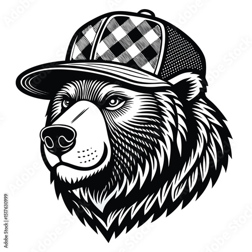 Create a digital painting of a grizzly bear's head wearing a red and black lumberjack hat, isolated on a pure white background.  High detail, realistic fur.