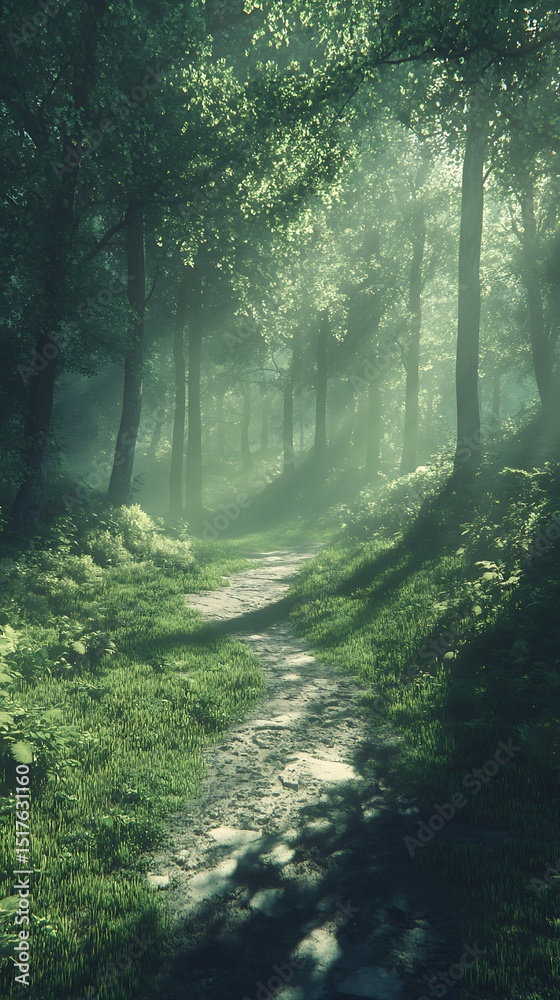 Fototapeta premium Path Through Verdant Woodland with Filtered Sunlight and Ethereal Atmosphere