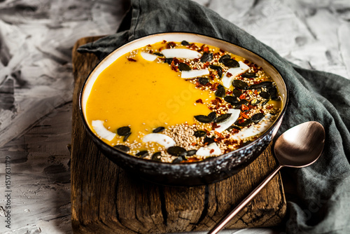 Bowl of ready-to-eat pumpkin soup with coconut milk