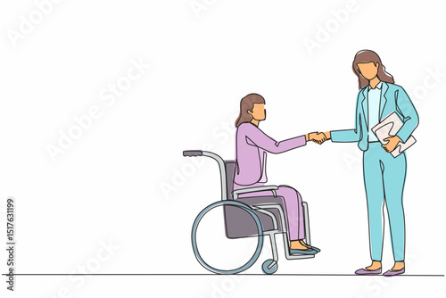 Single continuous line drawing disabled businesswoman in wheelchair shaking hand with business partner or boss. Handicapped manager dialogue with business colleague. One line graphic design vector