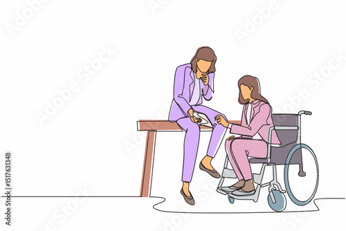 Single one line drawing businesswoman sitting on wheelchair presenting business graph on paper to manager. Diverse corporate colleagues in modern office. Continuous line draw design graphic vector