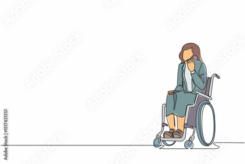 Single one line drawing disabled girl in wheelchair having phone conversation while working from home. Brave businesswoman talking with client on mobile phone. Continuous line draw design vector