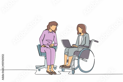 Continuous one line drawing employee with disabilities and inclusion work together in office. Disabled female on wheelchair with coworker sit communicate using laptop. Single line draw design vector