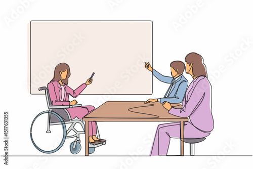 Single continuous line drawing disabled lady giving presentation to colleagues. Businesswoman listening to injured executive in wheelchair presenting business strategy. One line draw design vector