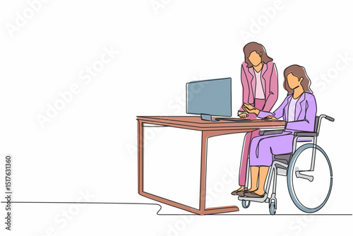 Continuous one line drawing handicapped businesswoman in wheelchair working with colleague in office. People discussing business graph on computer. Single line draw design vector graphic illustration