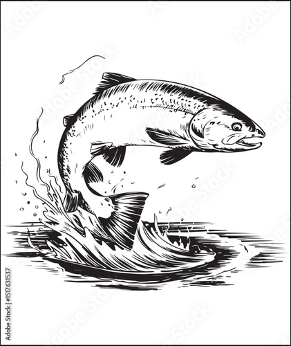 Black and white illustration of a salmon jumping out of the water