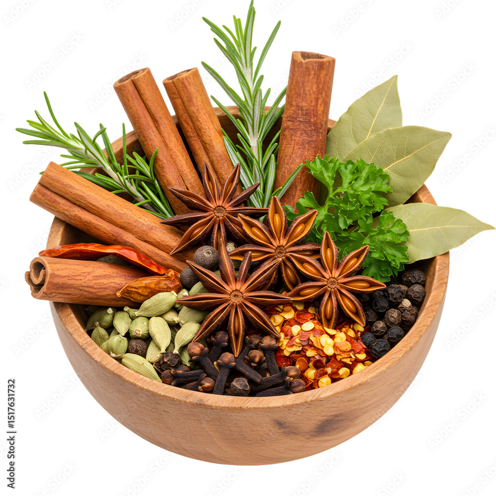 Fototapeta premium Aromatic Spices & Herbs: Culinary Delights in a Wooden Bowl on transparent background