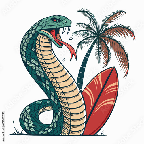 A majestic cobra, its tongue shaped like a surfboard, sporting a vibrant palm tree pattern on its back, basking in the sun.
