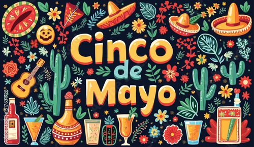 Festive Cinco de Mayo Illustration with Sombreros, Cacti, Drinks, and Flowers.