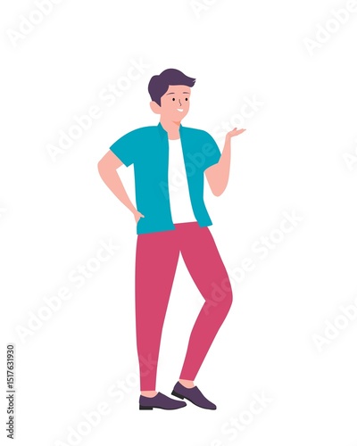 Cheerful Man Gesturing With a Friendly Smile in Colorful Attire