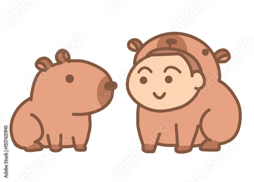 A boy in a capybara costume with one capybara