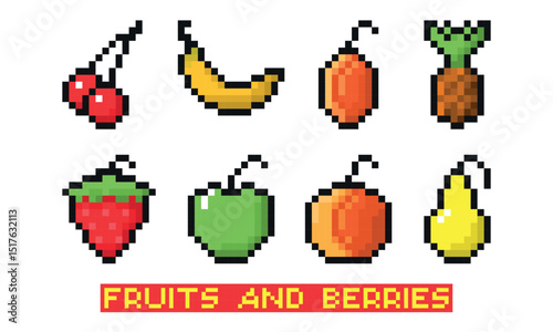 Set of pixelated fruits and berries vector illustration isolated on white background.
