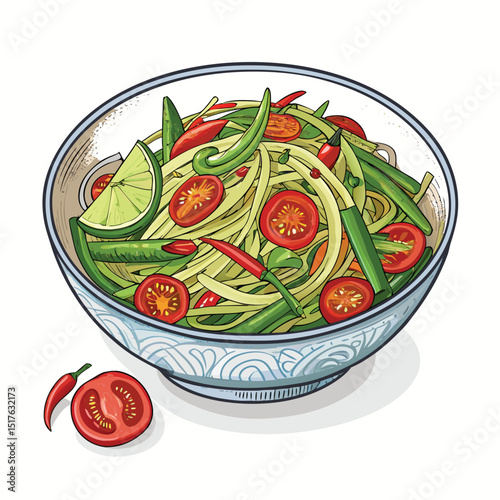 A vibrant, close-up shot of a delicious Som Tam (Papaya Salad) in a bowl, showcasing its spicy ingredients and textures; isolated on white.