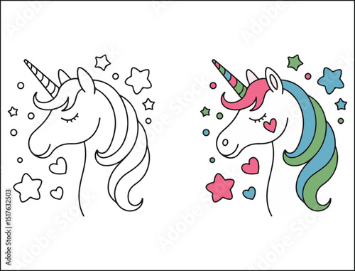 Unicorn Coloring Page with Color Example Stars and Hearts for Children
