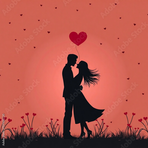Romantic silhouette of a couple kissing with a heart-shaped balloon on a heart-filled background