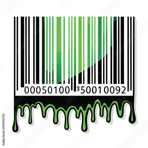 Generate a surreal image of a corrupted barcode, its digits melting and dripping, with a vibrant neon green glow emanating from the distortion.