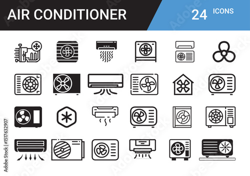 Air Conditioner Icon Set: An array of minimalist line art icons illustrating the various types and functions of air conditioning units. Depicting cooling technology and indoor comfort.
