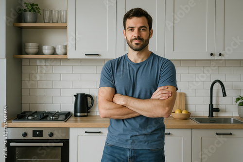 Man standing in kitchen with arms crossed. Brightly lit room, modern appliances. Clean countertops, plants in background. Casual attire, thoughtful expression.