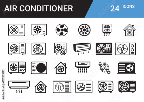 Air Conditioner Icon Set: A comprehensive collection of 24 meticulously crafted black and white icons, each illustrating a different aspect of air conditioning units and related symbols.
