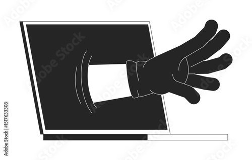 Cyber threat gloved hand reaching from laptop outline illustration. Hacking attempt. Online breach. Unauthorized access. Digital crime isolated 2D vector image black and white. Linear drawing clip art