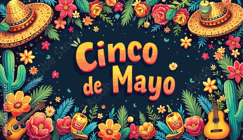 Vibrant Cinco de Mayo Celebration with Sombreros, Guitars, and Flowers on Dark Background.