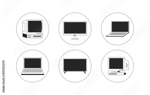 Computers, monitors in circular icons 2D line objects set. CRT display, television flat screen minimalist circles isolated cliparts vector ink outline items. Monochrome spot illustrations collection