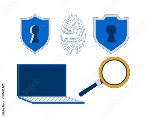 Cybersecurity tools and access control 2D cartoon objects set. Shields keyholes, fingerprint, laptop, magnifying glass isolated elements flat vector clip arts on white. Spot illustrations collection